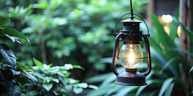 Vintage lantern glowing amidst vibrant green foliage.